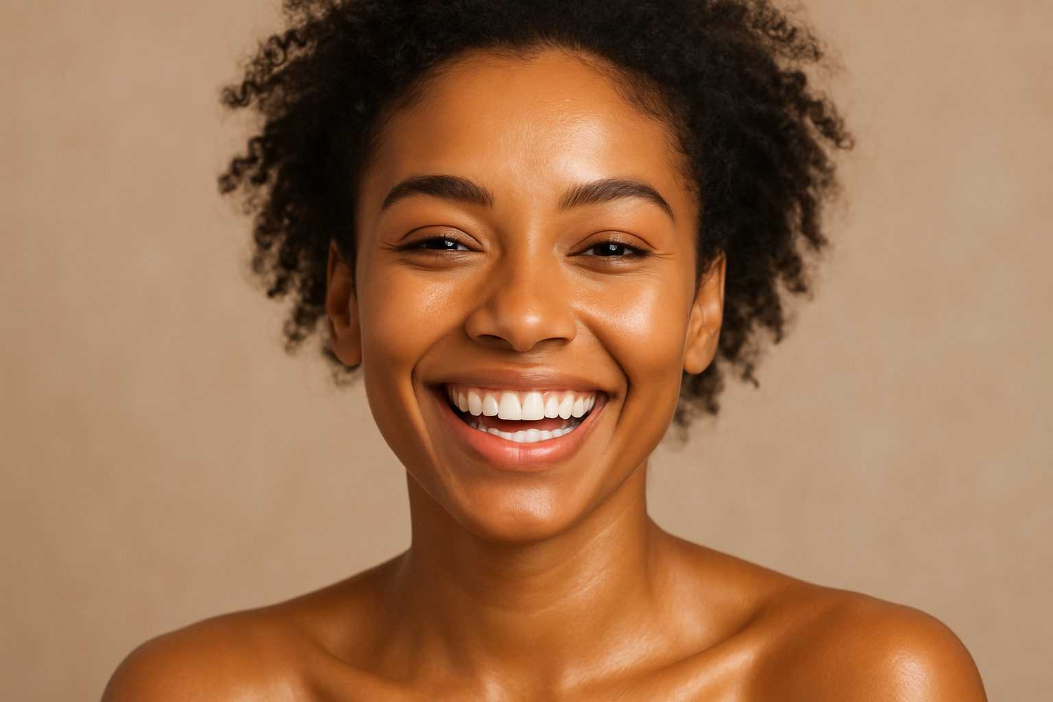  brown young lady smiling skin glowing looks rejuvinating 
